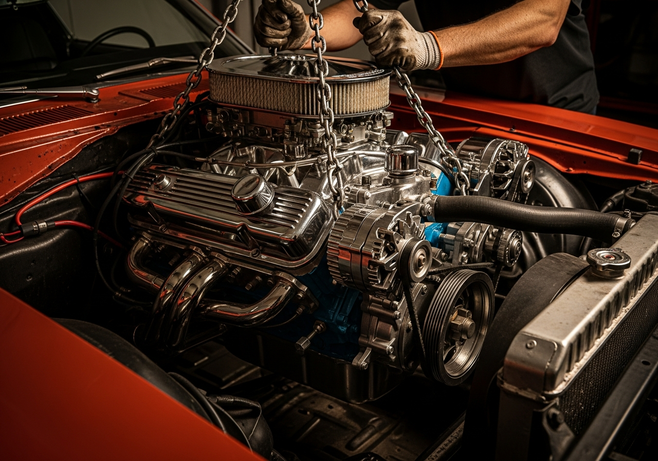 V8 engine installation in classic US car